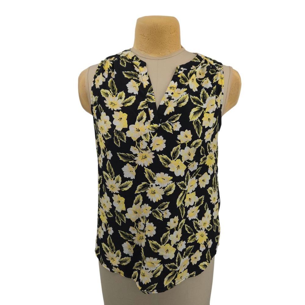 Dalia‎ Floral Sleeveless Blouse Womens Size M Black Yellow V-Neck Pleated Back